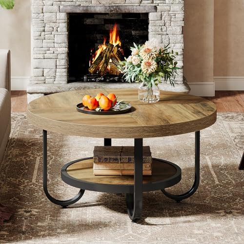 Tribesigns Mesa Auxiliar Redonda para Sala de Estar, Mesa Central de 2 Niveles con Estante de Almacenamiento, té Industrial de cóctel de 80 cm con Patas de Metal curvadas Resistentes (Marrón)