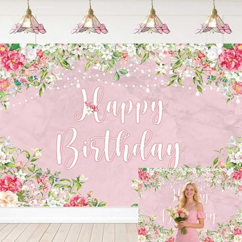 Toile de fond « Happy Birthday » pour filles - Motif floral rose - Bannière pour photographie - Décoration de fête d'anniversaire - 2,1 x 1,5 m