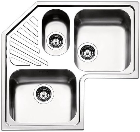 Fhuller Lavello da Cucina ad Angolo, 83x83 cm, 3 Vasche in Acciaio Inox Spazzolato,