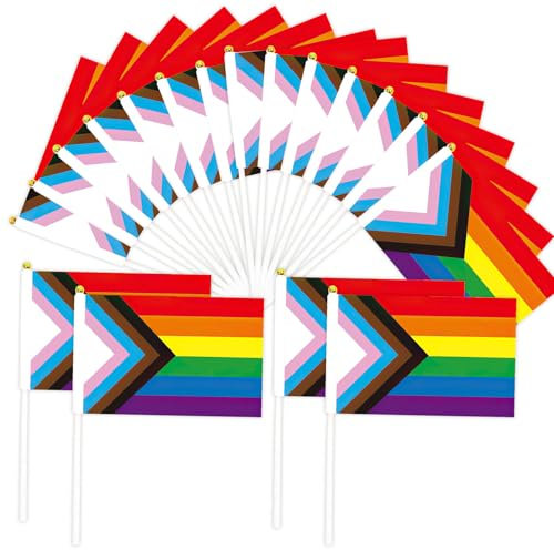 20 Pcs Pride Flag, Handheld Progress Pride Flags, Small Mini Hand Held Gay Flag On Sticks, Mini Progress Rainbow Gay Pride Flag, UV Fade Resistant Party Parade Decorations Bunting Banner