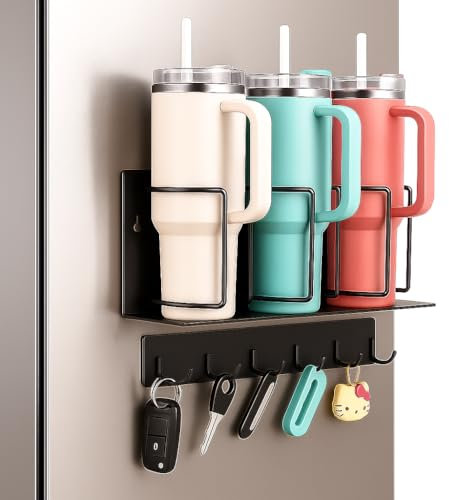 Strong Magnetic Cup Holder for Fridge, Fits Stanley 40/30/20 oz, Yeti & More, No-Drill Tumbler Organizer with Lid & Straw Storage, Kitchen & RV Space Saver(2-Piece Set)