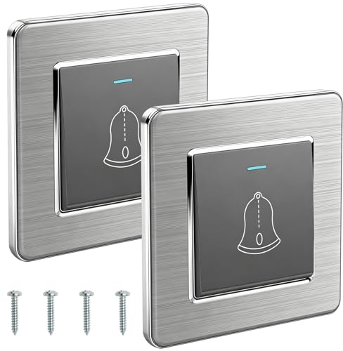 2 pulsadores de timbre, 86 mm x 86 mm, interruptor con tornillos, timbre de puerta principal, pulsador de timbre exterior, interruptor de luz de 220 ~ 250 V, empotrado, para exterior (gris)