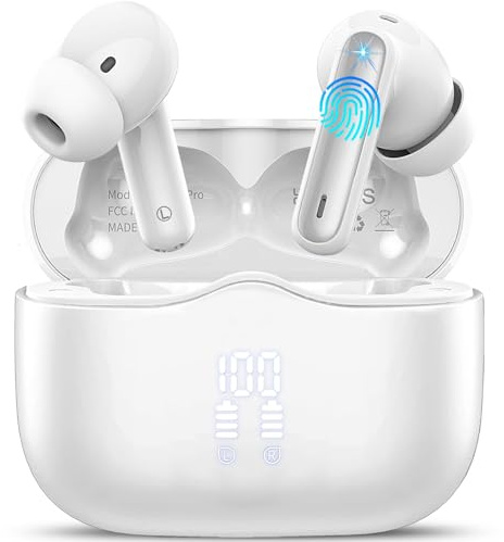 Wireless Earbuds, Bluetooth 5.4 Headphones in Ear 3D Bass Stereo, 40H Wireless Earphones with 4 ENC Noise Cancelling Mic, IP7 Waterproof Bluetooth Earbuds, AI-Enhanced Calls for Android iOS, White