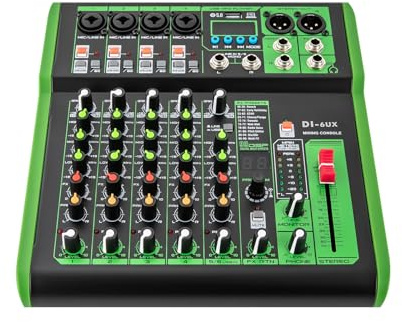 Professioneller Mixer, 6 Kanal Stereo Sound Mischpult, mit USB-Audio-Schnittstelle, 48V Phantomspeisung, Stereo-Equalizer für die Aufnahme von DJ-Bühnen-Karaoke-Musikanwendungen
