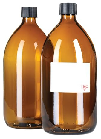 TEC 1 litre Bottles Amber Glass 65% Recycled Black Screw Caps UK Made | UK Made Large for Cleaning and Brown Water Oil Essential Oils Recyclable with Labels Wrapped in Sustainable Paper