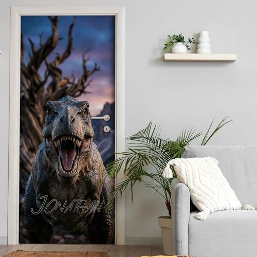 Türtapete selbstklebend | personalisiert mit Namen | 200 x 90 cm T-Rex Dinosaurier | Tür Aufkleber Poster Türfolie | Einteilig | Wasserfest 3D Türaufkleber Wandtattoo Türposter Teenager