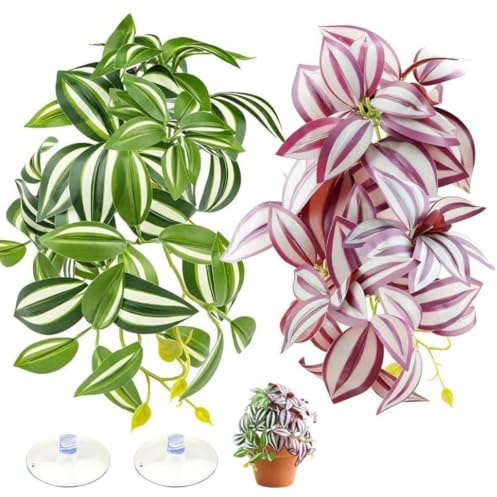 QhgPnt 2 Pack Reptile Plants for Terrarium, Artificial Leaves Habitat Decorations with Suction Cups, 3D Printed Wall Mounted Fake Hanging Plant For Reptile Tank Vivarium Decoration Gecko Accessories
