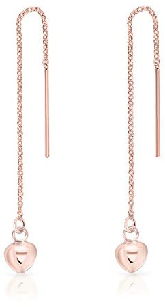 DTPsilver® KLEINE Ohrringe 925 Sterling Silber Rosen-Gold überzogen - Durchzieher Kette und Kleine Herz Ohrhänger - Länge 73 mm - Herz Messung: 6 x 5 mm
