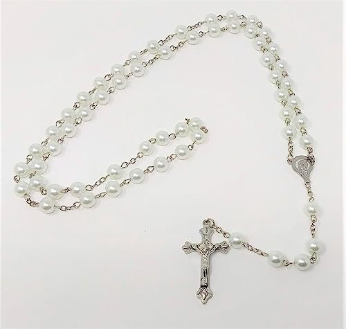 JRose Collections Long White Glass 8mm Catholic Rosary Beads with Our Lady Center for Prayer and Fasting - Perfect Crucifix Necklace for Men, Women & Kids, Beaded Necklace for a Unique Catholic Gift