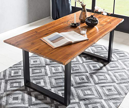 SalesFever Baumkanten-Tisch 160 x 85 cm | Cognac-Farben | Esszimmertisch aus massiver Akazie | Holz-Tisch mit schwarz lackiertem U-Gestell aus Metall