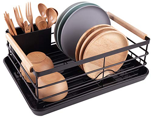 BRIAN & DANY Escurreplatos con Mango de Madera, Escurridor de Platos, Soportes para Platos, 42 x 30 x 15 cm, Negro
