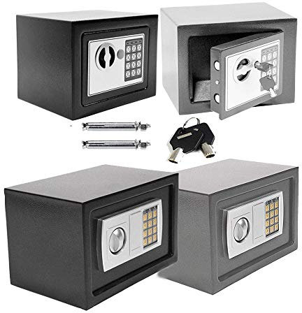 Caja fuerte electrónica pequeña con candado numérico y 2 llaves de emergencia, caja fuerte de seguridad impermeable 23 x 17 x 17 cm, 4,6 L, color negro, gris, 8,5L