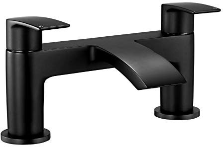 Bath Taps Black Waterfall Mixers Tub Tap Bathtub Filler Taps Bathroom Brass Round Dual Lever Deck Mounted 1/4 Turn Mono Monobloc