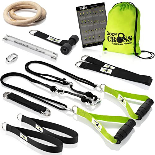 BodyCROSS Premium sling trainer with gymnastics rings, made in Germany, ideal for calisthenics and gymnastic exercises, handles, exercise poster, door anchor, attachment loop