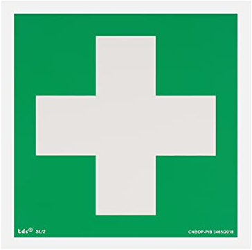 notlok Safety Work - Erste Hilfe Schild - Weißes Kreuz [ 15 x 15 cm ] | Nachleuchtende Kunststoffplatte + Aufkleber für einfache Montage | DIN EN ISO 7010 | Aufkleber Medizin, Sicherheitsschilder