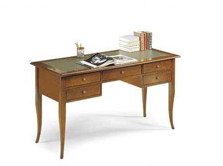 Mar.c.a. Design - Escritorio vintage con 5 cajones de madera de álamo, nogal oscuro con tablero verde, mueble Arte Povera Made in Italy - Medidas 130 x 65 x 81 (h) cm