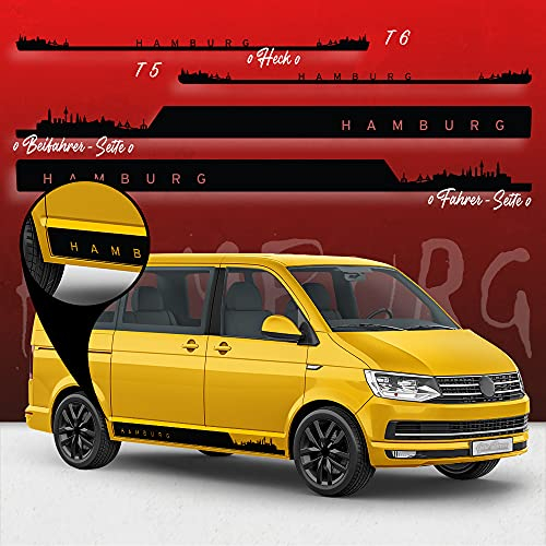 Auto-Dress Seitenstreifen Aufkleber Set/Dekor passend für VW T4, T5 & T6 Bus - Motiv: Skyline Stadt Hamburg Original (195 Aluminium, Kurzer Radstand)