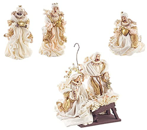 Magie di Natale Komplette Geburt mit 6 Themen Statuen für Krippe Kleidung Stoff Sahne und Gold H 28 cm
