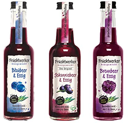 Fruchtwerker Essig und Frucht Set I Verschiedene Sorten I Fruchtig I Fruchtessig I Essig-Set I Rein Pflanzlich I Süß I In Glasflaschen (Blaubeere + Johannisbeere + Brombeere)