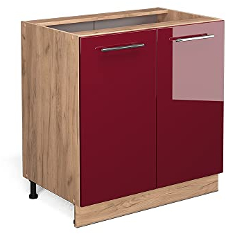 Vicco Spülenunterschrank Fame-Line, Bordeaux Hochglanz/Goldkraft Eiche, 80 cm mit Regal, ohne Arbeitsplatte