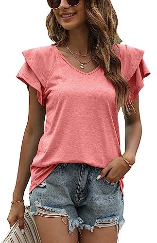 Decorie T Shirt Donna Estive con Scollo a V e Balze Manica Corta Magliette Donna Elegante Rilassato Bluse e Camicie da Donna (A-Rosa,XL)