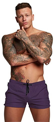 Costume da bagno da uomo ad asciugatura rapida, con tasche con cerniera, pantaloncini da bagno con fodera in rete, Viola intenso, Large