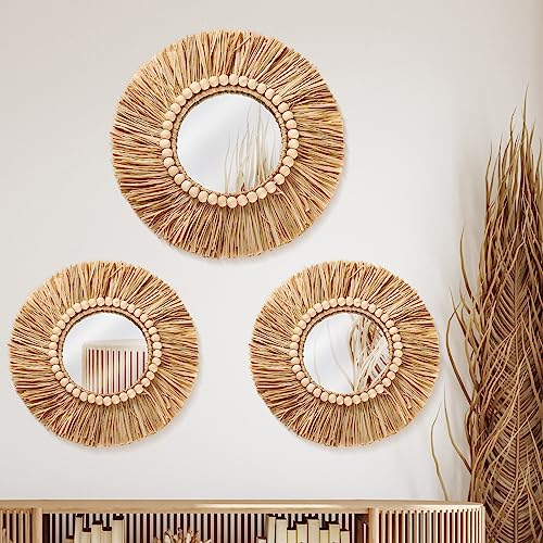 Gulfmew Lot de 3 miroirs ronds et rustiques en raphia avec perles en bois pour décoration murale de chambre à coucher, salon, salle de bain - 40 cm - 30 cm