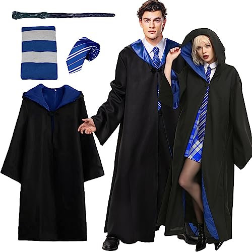 Kitimi BlueM Magic Robe, Umhang, 5PCS Zauberer Cosplay Kostüm für Erwachsene, with Cape, Magic Wand, Glasses, Scarf, Tie, Halloween Wizard Costume for Cosplay, Carnival, Fancy Dress, Blau.