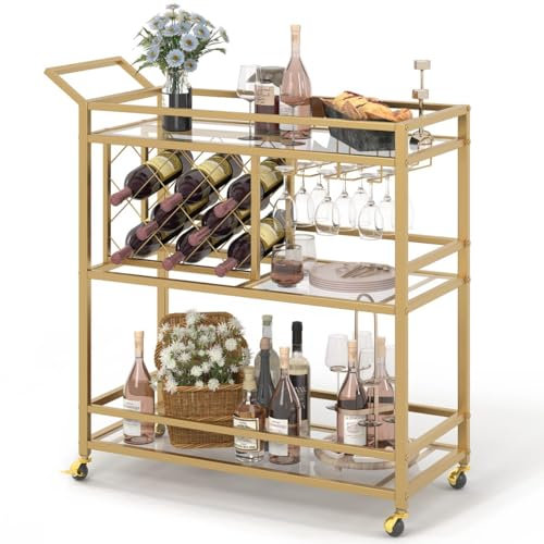 FATORRI Barwagen Gold, Home Bar Servierwagen mit Weinregal und Gläserhalter, Weinwagen auf Rädern mit 3 Ebenen, verspiegelten Regalen für Likör und Getränke (Gold)