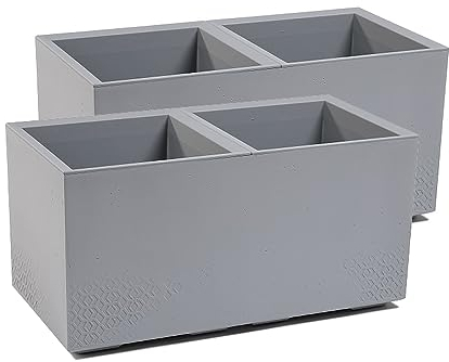 Kreher Set: 2 x XL Pflanzkasten Karo in verschiedenen Formaten und Farben. Tolle Beton Optik in Grau oder Anthrazit! Aus robustem recyceltem Kunststoff! (72 Liter (rechteckig) Grau)