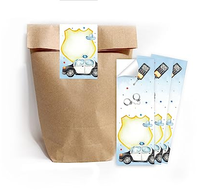 Minkocards 6 Geschenktüten (Natur) + 6 Aufkleber Polizei Detektiv Geschenktüten für Mitgebsel Gastgeschenk einpacken beim Kindergeburtstag Jungensgeburtstag