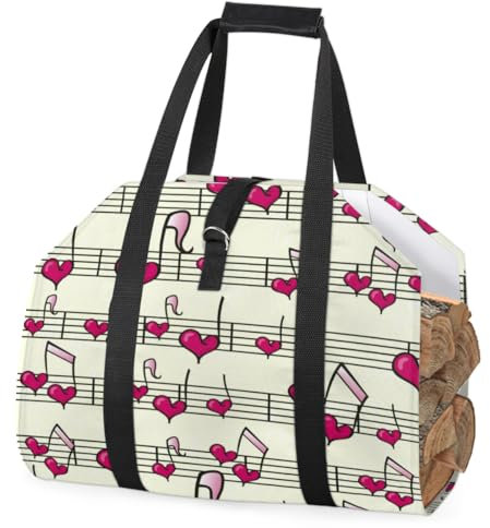Herz-Musiknoten-Druck, Brennholzträger, Tragetasche, robuste Holztragetasche, großer Brennholzhalter mit Griffen, langlebig, Kamin, Holzofen, Zubehör, Aufbewahrungstasche für Camping, Grillen, drinnen