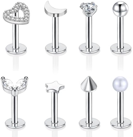 Gojewen 8stk Lippenpiercing Labret Stecker 6mm Edestahl 16G Piercing Helix Tragus Cartilage Medusa Lippe Silber Herz Stern