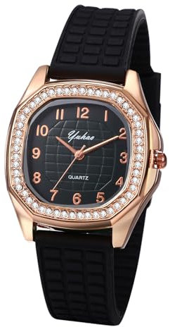 JewelryWe Uhren Damen Silikon Quadratisch: Vintage Analog Quarz Armbanduhr Frauen Schwarz Silikon Armband Sport Uhr Damenuhr mit Glitzer Zirkonia Diamant Rechteckigem Zifferblatt