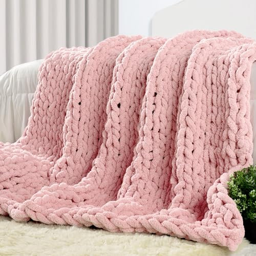 Carriediosa Chunky Knit Throw Blanket 50 X 60, 100% Hand Made Large Chenille Loop Yarn Soft Fluffy Throws for Couch Sofa Bed, Big Crochet Cozy Heavy Thick Cable Woven Blankets, Dusty Pink