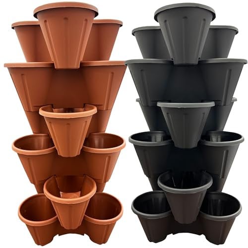 STORM TRADING GROUP Strawberry Planters Tri-Pot Stacking Pots For Herb Flower Bedding Indoor Outdoor Garden Black & Terracota (Black, 9 Strawberry Planters (Trio 3 Pot))