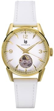 Lip Himalaya 33 Automatique Cœur Battant Montre Femme Acier Doré Cuir Blanc 671690