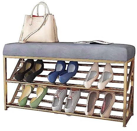 Narrow Storage Bench for Bedroom End of Bed Small Shoe Bench for Entryway Gold Metal Shoe Rack With Velvet Seating (Grey)