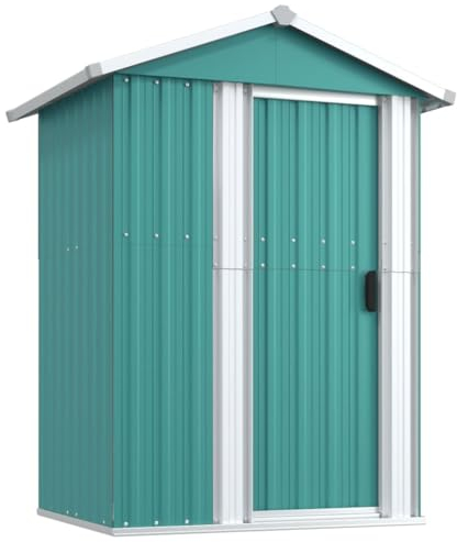 Metall Gerätehaus, Schiebetür & Fundamentrahmen, klein Geräteschuppen Garten Schrank Metall Schuppen Gartenhaus Stahl Geräteschrank, Grün 126x97,5x177 cm Verzinkter Stahl