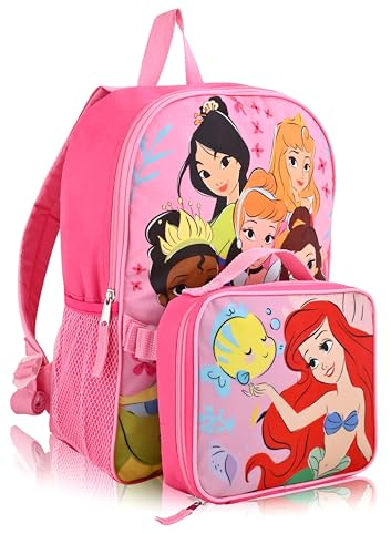 Fast Forward Disney Princess Rucksack für Schule und Lunchbox für Kinder | Kinderrucksack und isolierte Lunchtasche Lunchbox für Mädchen, Jungen, Kleinkinder | Disney Princess Pink Wiederverwendbares