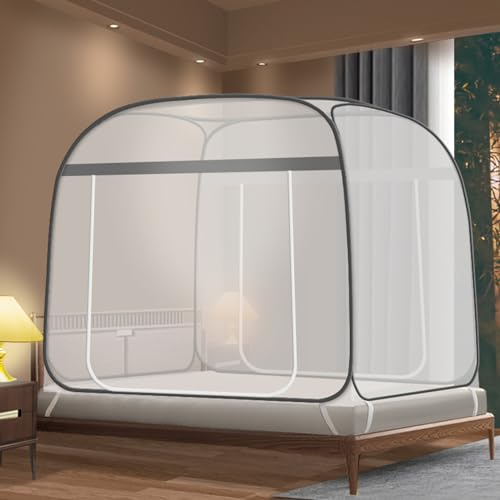 Moskitonetz für Bett, Zelt, Reisen, tragbar, mongolisches Netz, Faltbare Doppeltüren mit Boden für Outdoor-Reisen für Erwachsene, Keine Installation erforderlich, grau, 180 x 195 x 160 cm