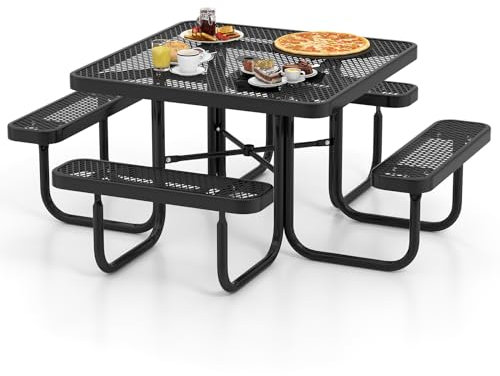 COSTWAY Ensemble Table de Pique-Nique Carrée avec 4 Bancs Intégrés pour 8 Personnes, Table de Camping en Métal avec Sièges et Trou pour Parasol, pour Jardin Piscine, 193 x 76 cm, Noir