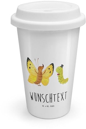 Mr. & Mrs. Panda Personalisierter To Go Becher Raupe Schmetterling - Personalisierte Geschenke, Entwicklung, Hütchen, To Go Becher Kunststoff Mit
