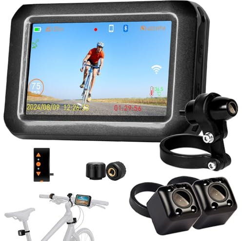 VSYSTO Fahrrad Rückfahrkamera, Bluetooth Telefon Modus, WiFi 4 Zoll Bildschirm HD 1080P Vorder- und Hinterkamera und Selfie-Kamera, Fahrradspiegel Dash Kamera mit TPMS, GPS, Temperaturanzeige (F3K)