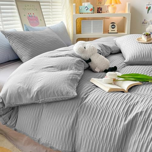 Seersucker Duvet Cover Set Double Size Beddding Set with Pillowcases for Teens Adults Soft Microfiber Polyester Seersucker Bedding, Grey, 230x220cm