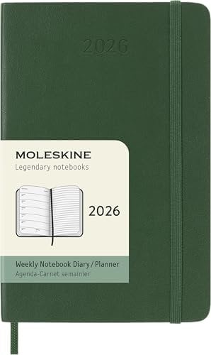 Moleskine Wochenplaner, Wochenagenda 2026 12 Monate Mit Platz Für Notizen, Mit Weichem Einband und Elastischem Verschluss, Pocket-Format 9x14, Farbe Myrten-Grün