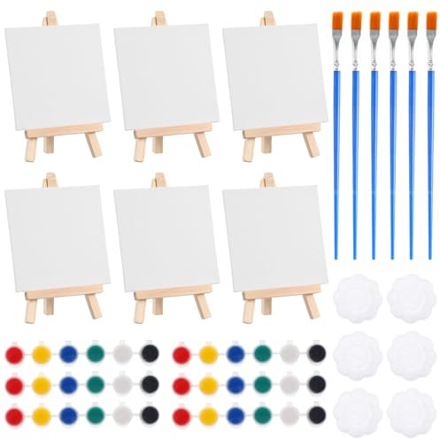 VILLCASE 6 Sets Mini Canvas Painting Kit, Mini Canvas and Easel, Acrylic Paint, Paintbrushes and Palette, Painting Kits for Kids Artists Paint Party