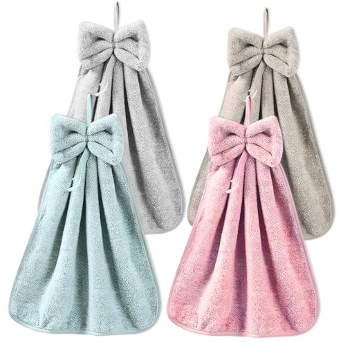 4 Toallas de Mano con Lazo para Colgar, Toallas de Microfibra de Terciopelo de Coral con Lazo para Colgar, Toallas absorbentes Suaves y Lindas, Toallas secas a Mano para Cocina, baño, niños y Adultos