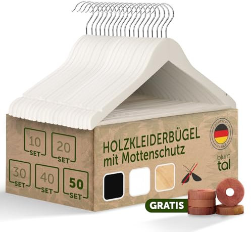 Blumtal Kleiderbügel Holz 50er Set - Holzbügel mit 360° drehbarem Metallhaken - Kleiderbügel Weiß + Zedernholz Mottenschutz - Aufhänger Weiss + Anti-Rutsch-Schicht & Einkerbungen - Bügel