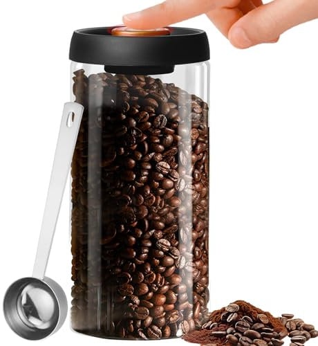 PRITOK 1800ML Airtight Coffee Canister: Leak Proof Vacuum Coffee Canister, Glass Coffee Bean Storage Jar with 30ml Measuring Spoon, Glass Food Storage Container for Beans, Tea, Flour